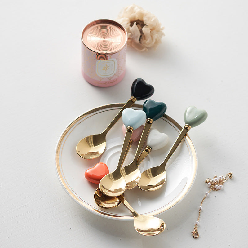 Luxury ceramic spoon stainless steel coffee spoon afternoon tea cake dessert spoon cross-border high-value small fork soup spoon