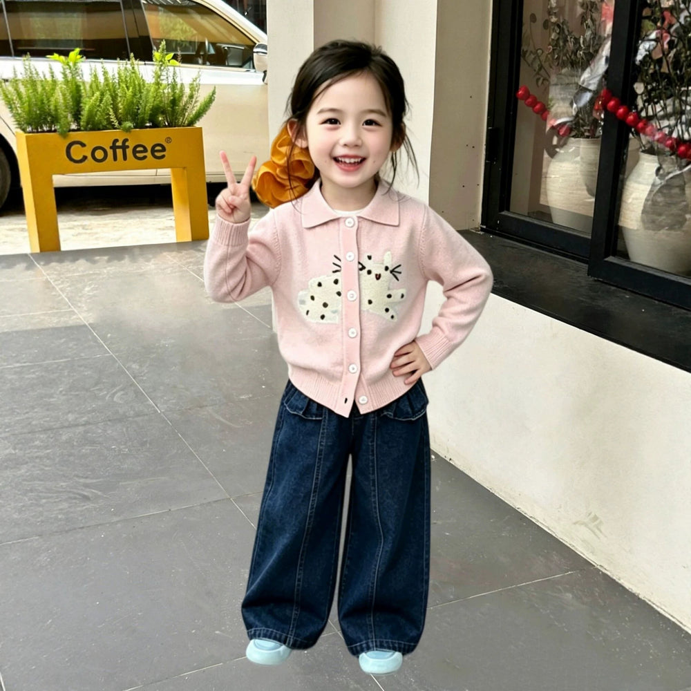 Girls' casual outfit:  autumn/winter cartoon kitten knit sweater, trendy and stylish two-piece set for kids