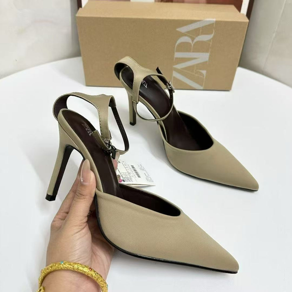 Za25 baotou sandals women's pointed toe shoes springnew arrival women's shoes thin heels black high heels elegant muleflats