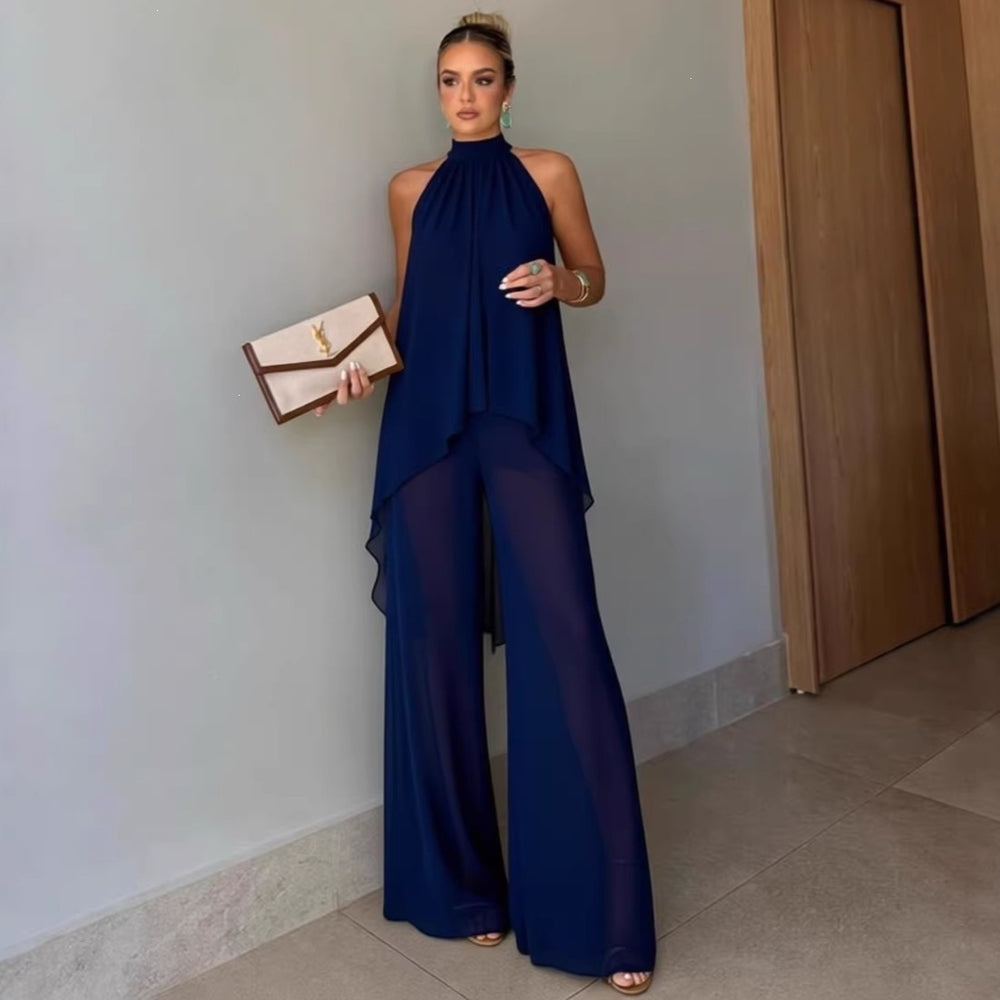 Independent station fashion cross-border  summer fashioncasual asymmetrical sleeveless elegantpure color pants suit women's clothing