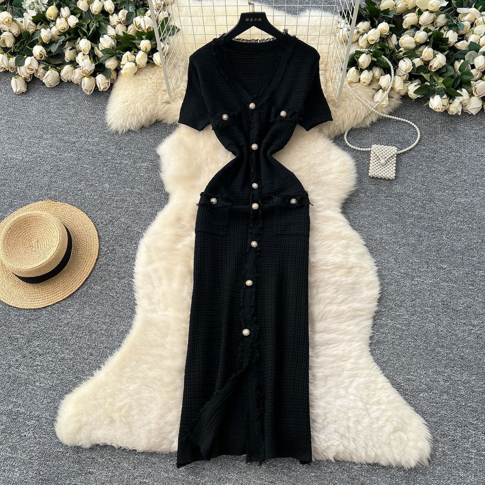 Xiaoxiangfengclassy raw edge v neck short-sleeved knittingdress women's summer waist single-breasted silm long skirt