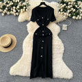 Xiaoxiangfengclassy raw edge v neck short-sleeved knittingdress women's summer waist single-breasted silm long skirt