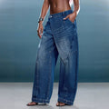 Fashionjeans women's asymmetrical cross placket loose pants washed distressed deconstructed drapedmop denim pants