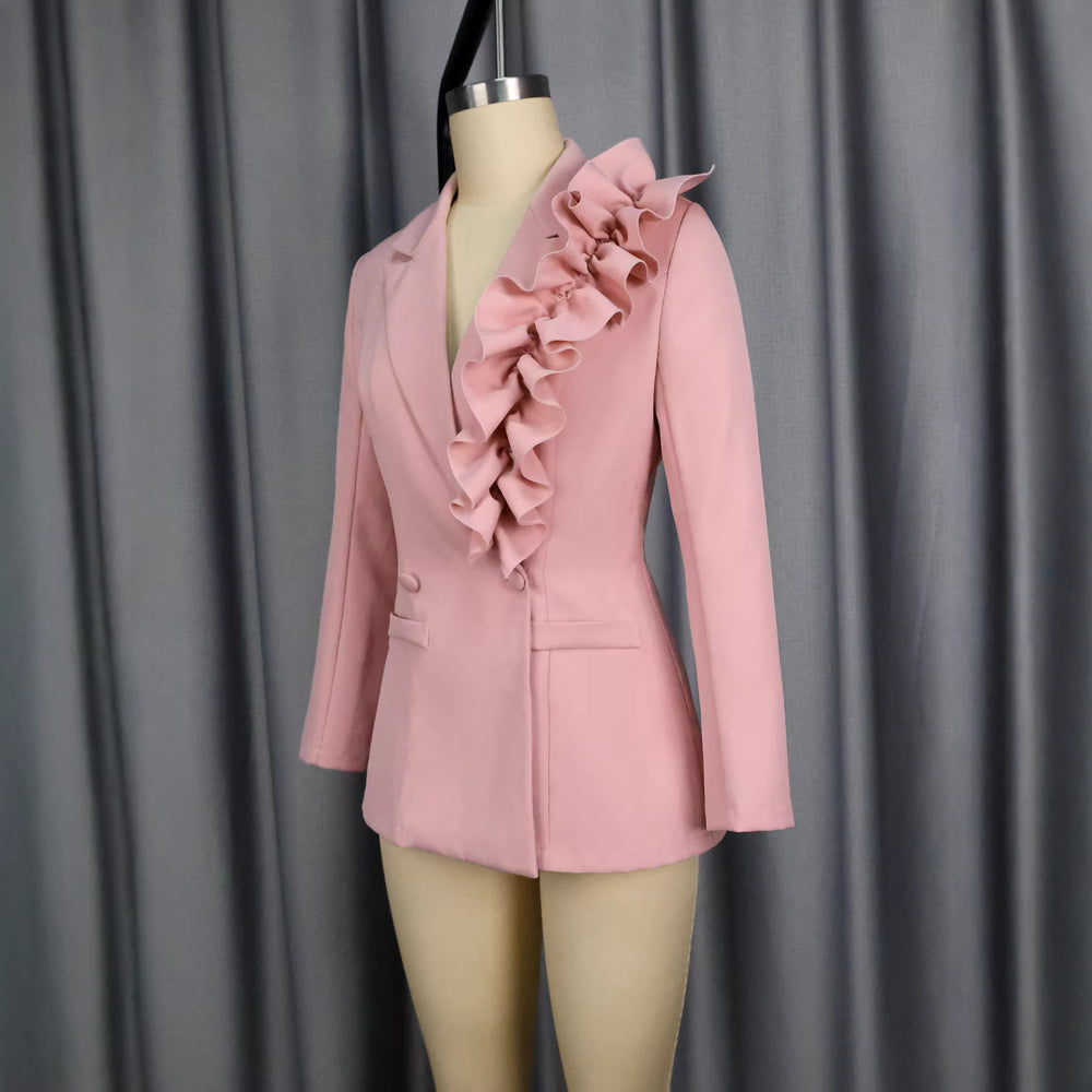 European and american style 3d ruffle blazer - slim fit, figure-flattering, chic workwear design, designer blazer top