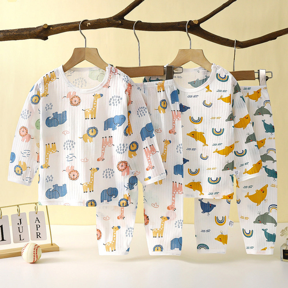 new children's pure cotton pajama set - summer long sleeve sleepwear, lightweight air conditioning suit for boys and girls