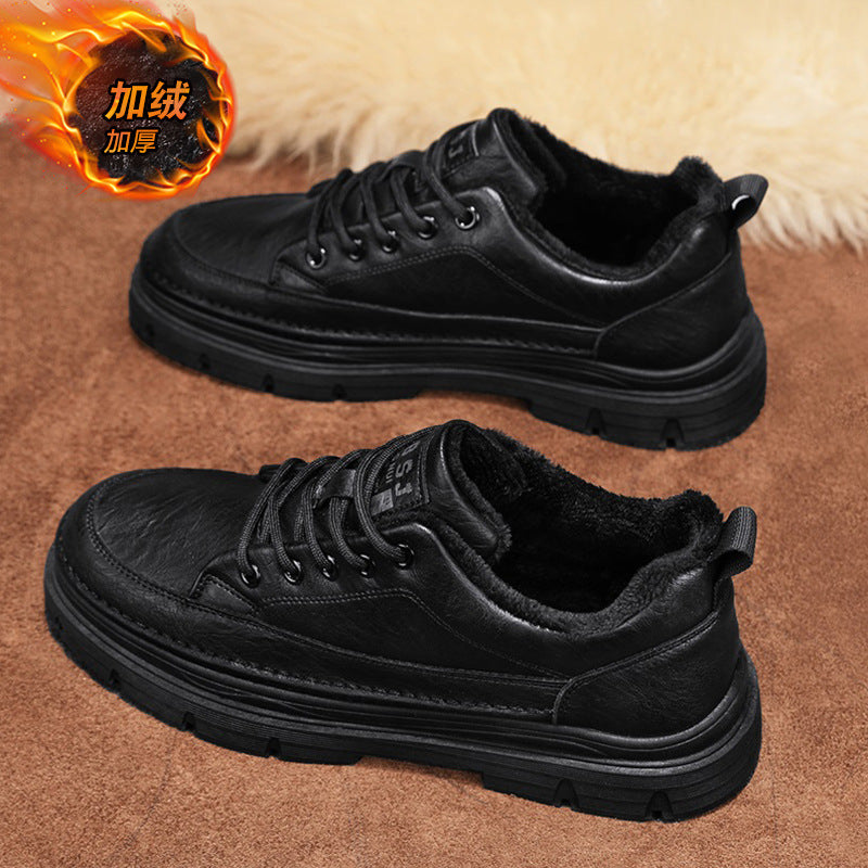 Men's winter new arrivals: versatile casual leather shoes with fleece lining for warmth. trendy british style business anti-slip work shoes