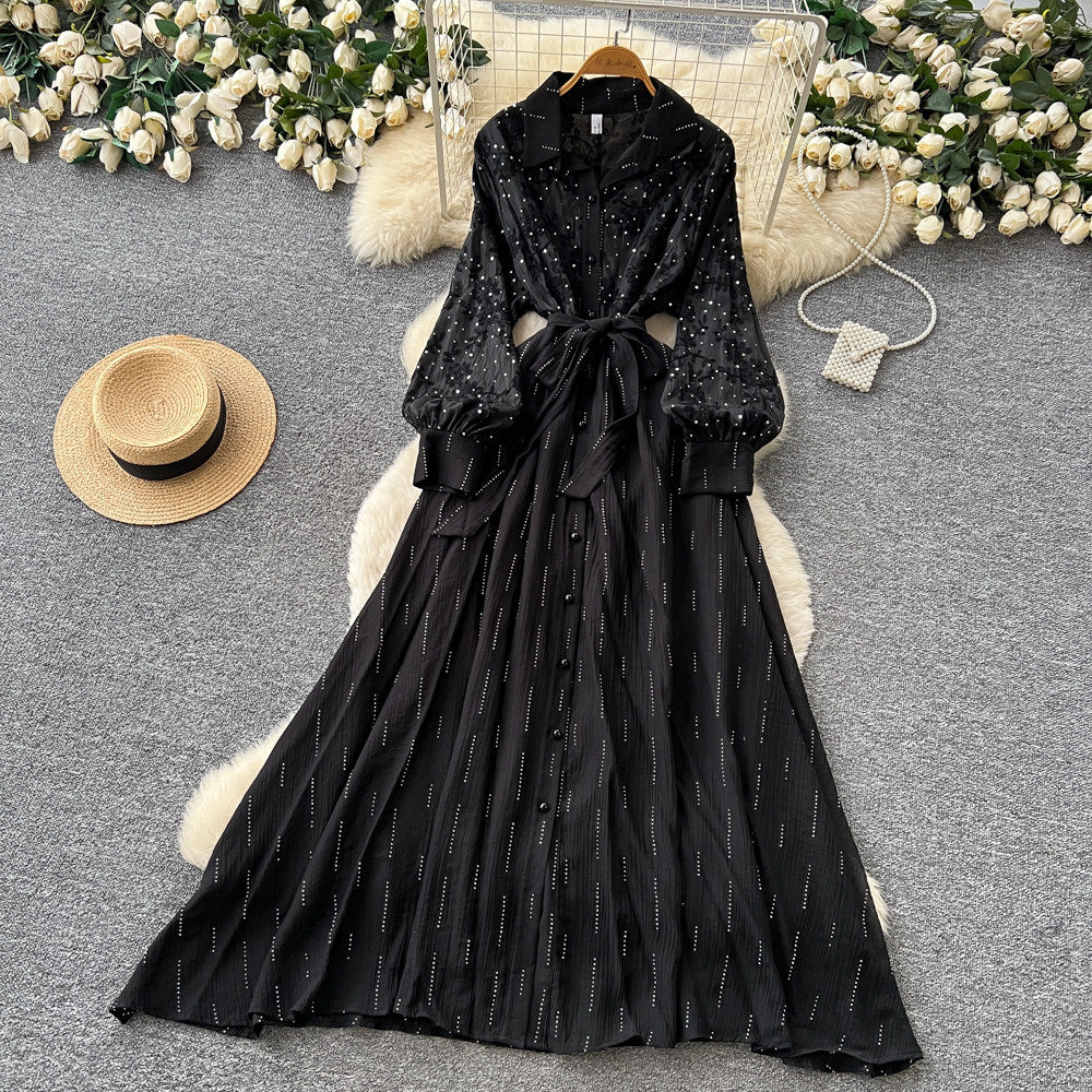 Frenchretro lapel lantern sleeve sequindress women's summerk-style strap waist slimming look long skirt work clothing