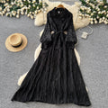 Frenchretro lapel lantern sleeve sequindress women's summerk-style strap waist slimming look long skirt work clothing