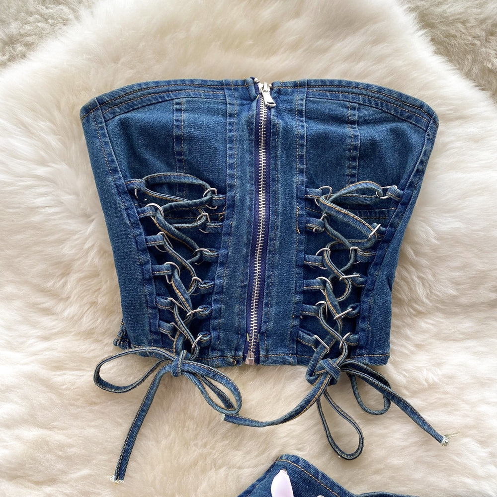 Pure desire sexy hot girl denim suit women's french strap sleeveless tube top vest high waist a-line cake skirt
