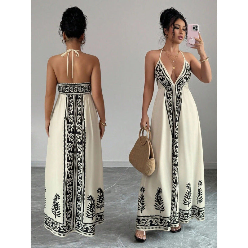 Amazon bohemian chic beach vacation print v-neck backless maxi slip dress