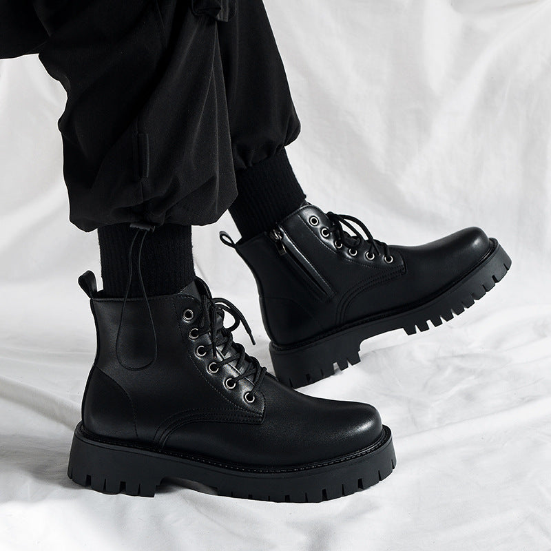 Side zipper martin boots 2026 spring new black height increasing thick sole british style motorcycle high top leather shoes workwear shoes