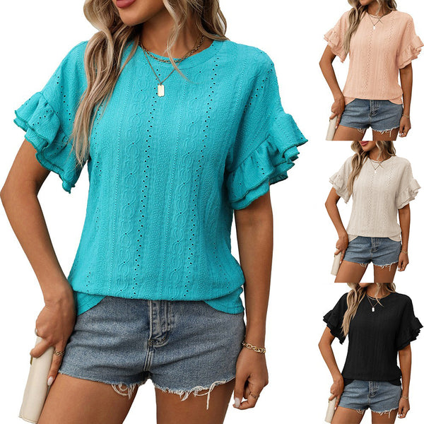 women's clothing European and American  2025 summer TK new solid color round neck lotus leaf sleeve short sleeve T-shirt top