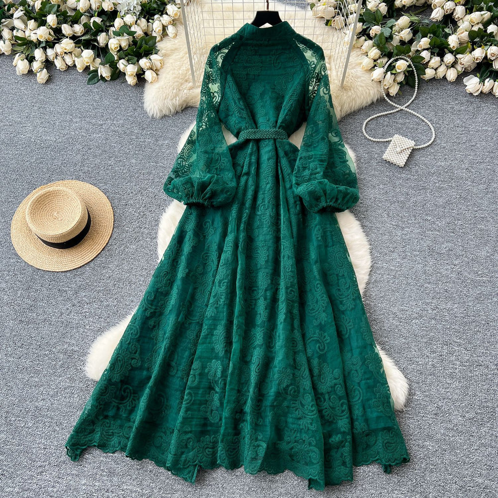European and american style elegant stand collar single-breasted heavily crocheted embroidered lantern sleeve tie-waist maxi dress