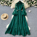 European and american style elegant stand collar single-breasted heavily crocheted embroidered lantern sleeve tie-waist maxi dress