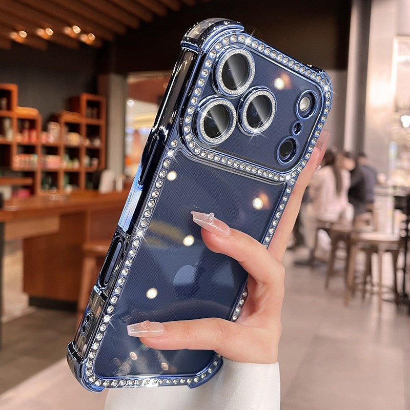 apple 17 pro max rhinestone phone case - four-corner full coverage, iphone 15 electroplated premium design