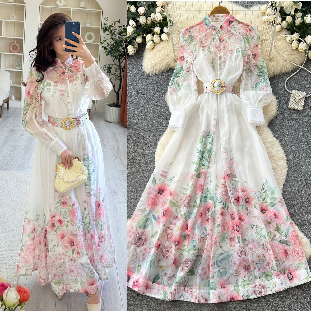 Vacation-style floral print slim-fit dress for women, perfect for spring. long-sleeved, high-waisted, and a-line silhouette. ideal for both work and everyday elegance