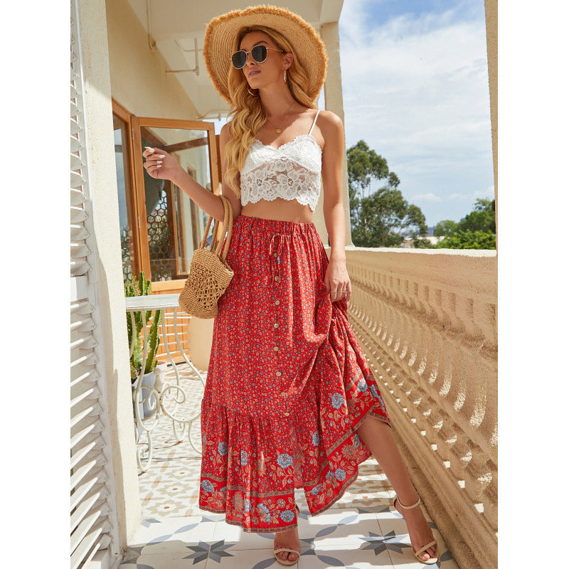 high-waisted rayon printed button-down slit midi skirt - perfect for beach vacations