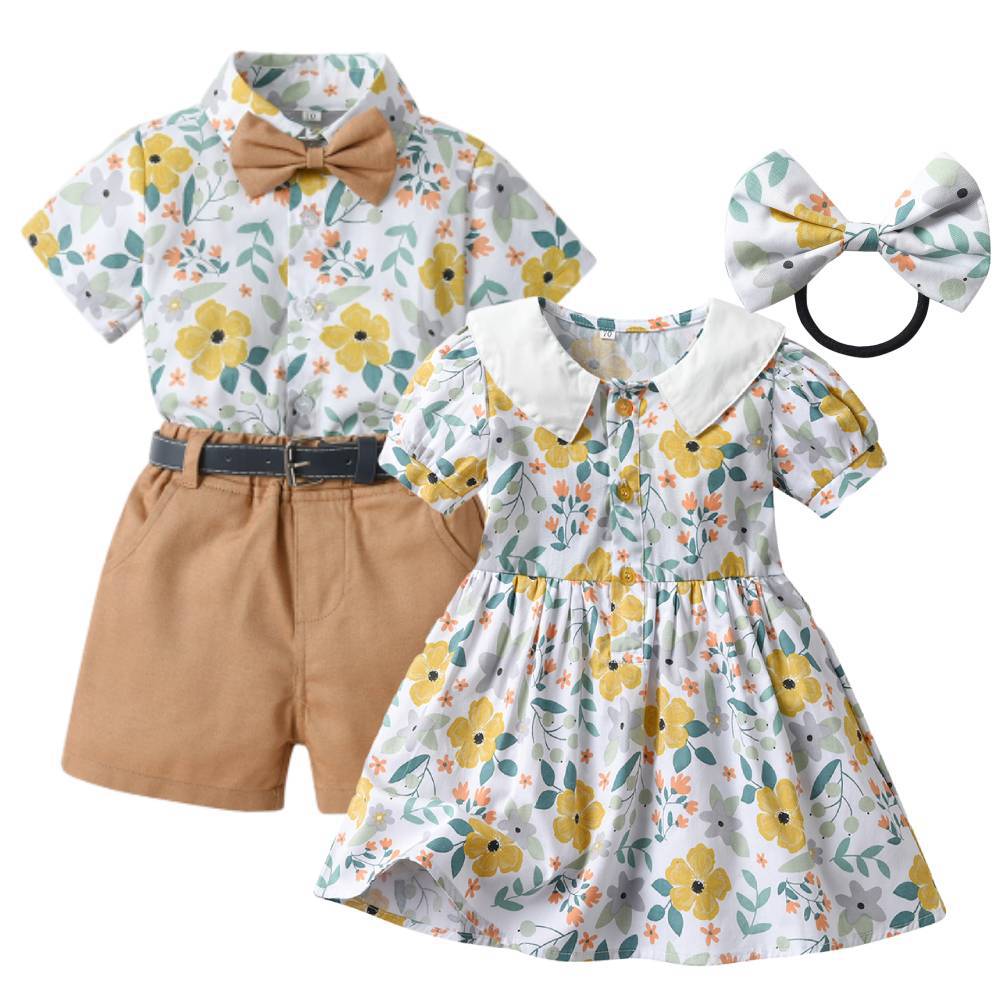 Sister and brother outfit, sister and brother outfit, family summer k-style male and female baby short-sleeved shirt, free belt, headband, shortssuit
