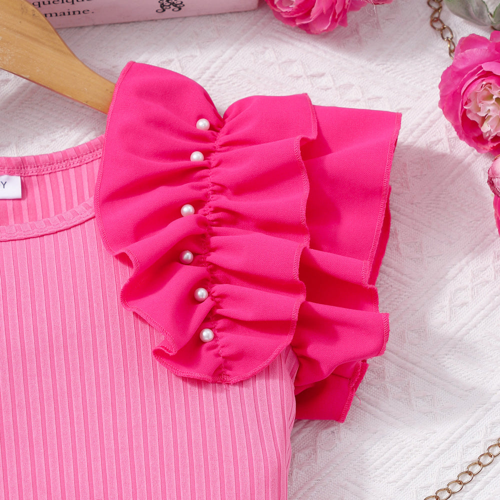 Girls' two-piece set (sizes for mid-to-large children): pearl ruffle top + pearl shorts set