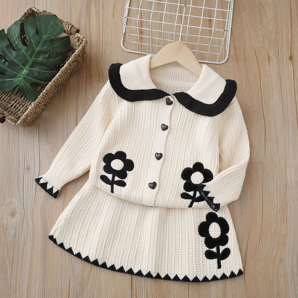 Knitted two-piece set: new autumn/winter girls' sweater dress outfit - little girl's big collar cardigan top set