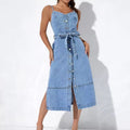 ins style fashionsummer women's dress water pattern light color denim suspender backless midi dress