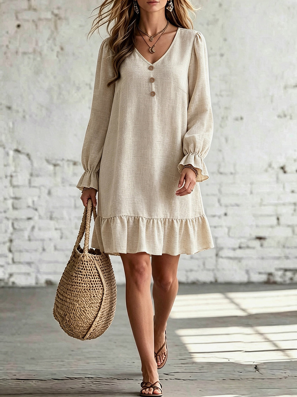 French chic plus size beige mini skirt - v-neck, button-down, ruffle cuffs & hem, loose fit, slimming, curvy women's clothing (size 168)