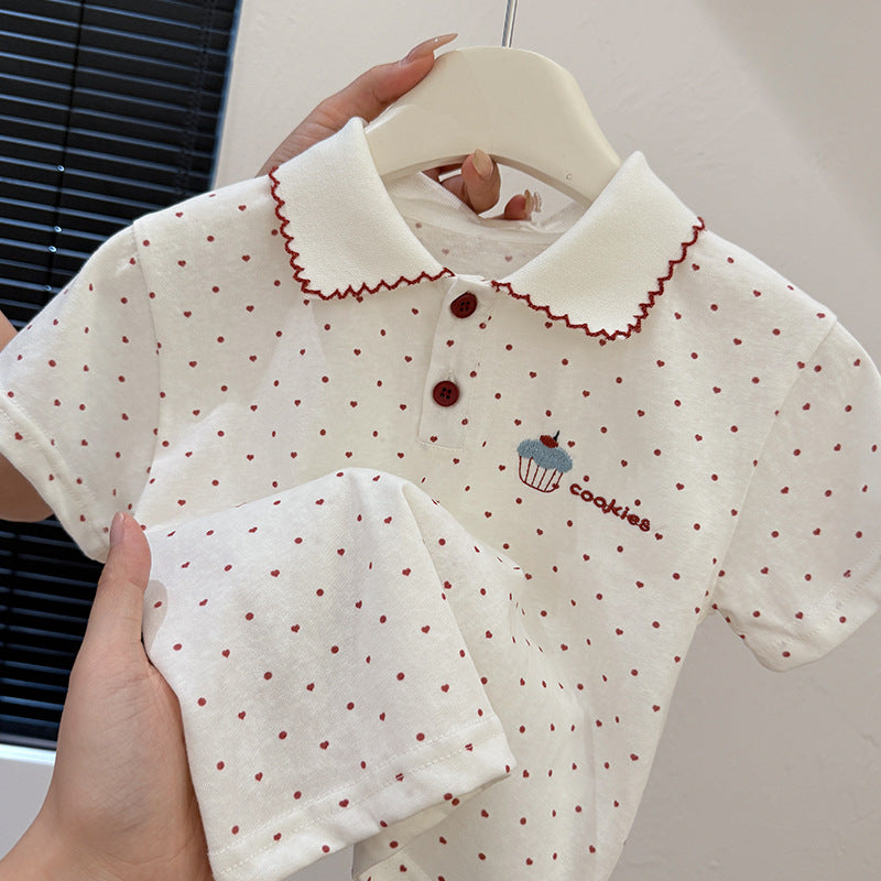 Summer new korean style girls' all-over print heart & dot t-shirt top - stylish & trendy kids' clothing for baby girls