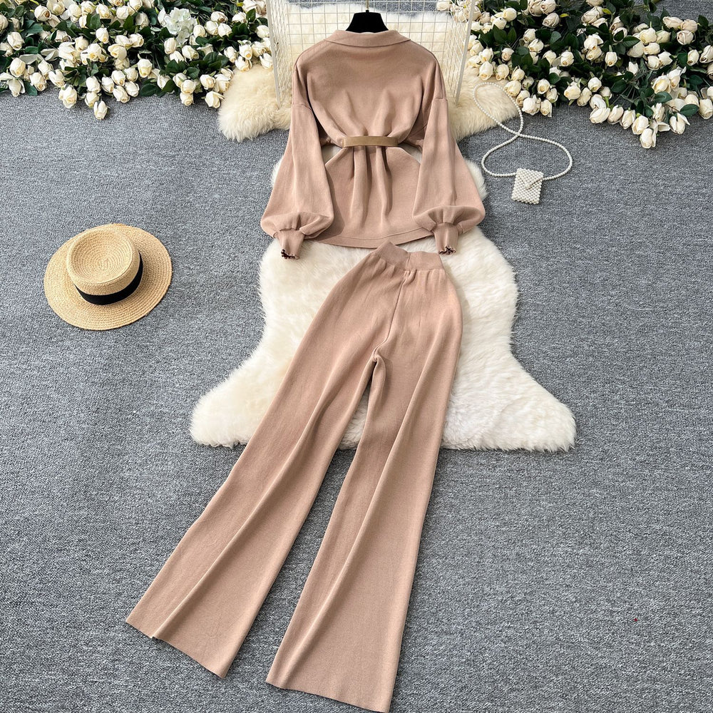 High-end socialite style women's winter new arrival: metallic buckle tie-waist long-sleeved knit top with high-waisted wide-leg pants