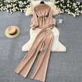 High-end socialite style women's winter new arrival: metallic buckle tie-waist long-sleeved knit top with high-waisted wide-leg pants
