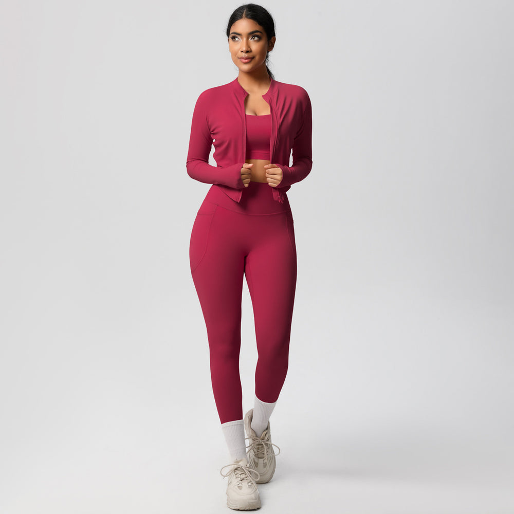 European and american new high-waisted tight-fitting pocket yoga outfit set - quick-dry brushed fabric, outdoor running fitness activewear three-piece set