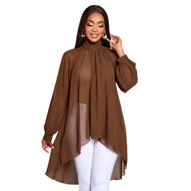 Shipped:  spring/summer new women's loose-fit versatile irregular chiffon long-sleeve fashion shirt