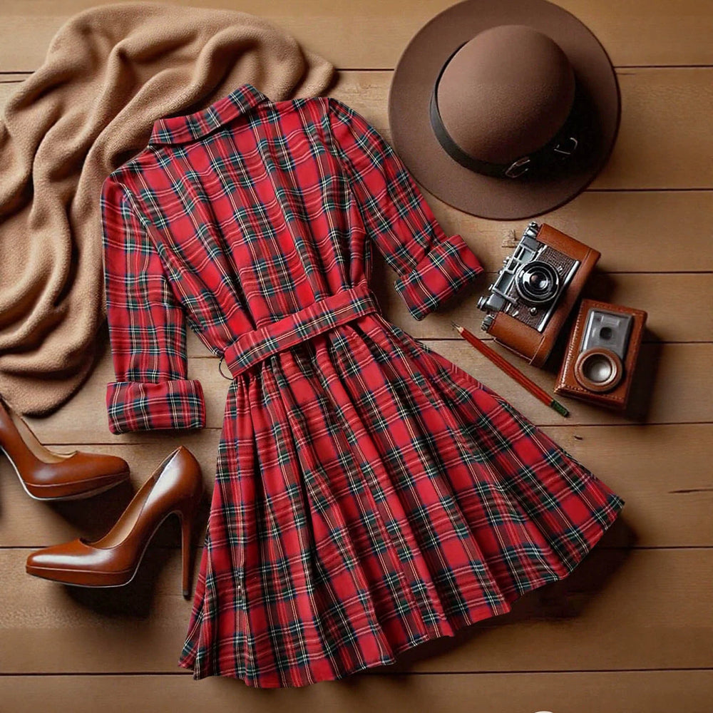 Vintage plaid shirt dress with turn-down collar, belted waist, a-line skirt, and roll-up cuffs