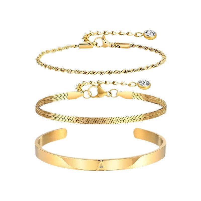 Three-piece bracelet set for women, everyday style, featuring stainless steel small square links, blade links, spacer bead links, nk links, twisted rope links, and polished links