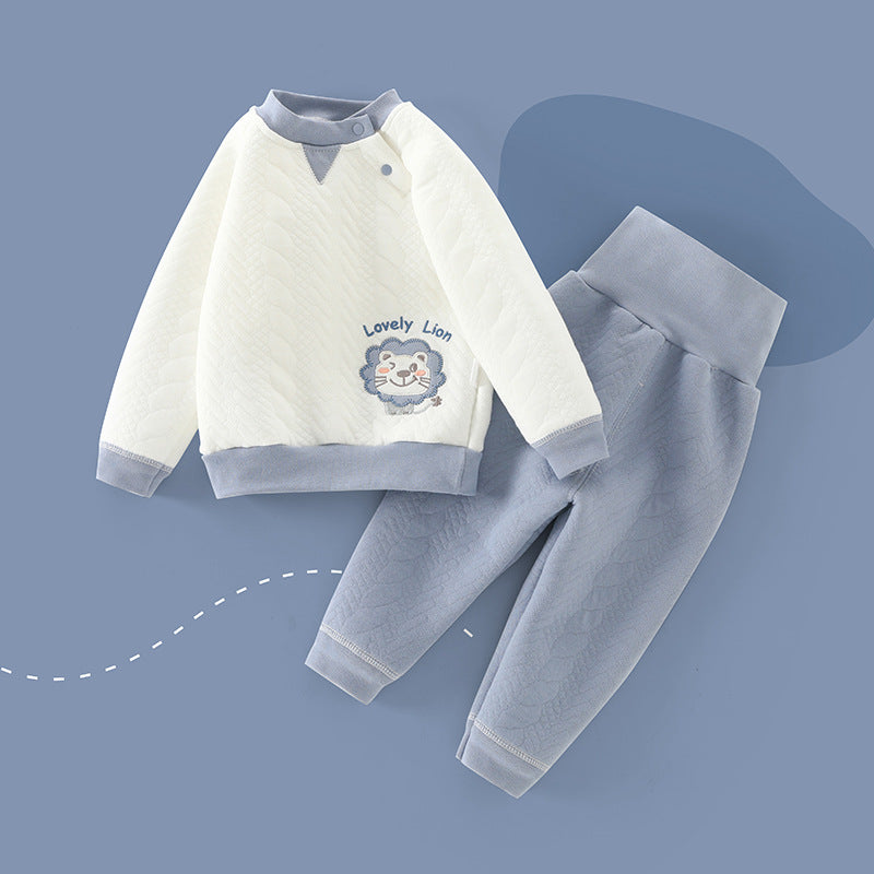 Wholesale baby thermal underwear set, pure cotton thickened quilted, unisex autumn/winter pullover high-waisted belly protection underwear set