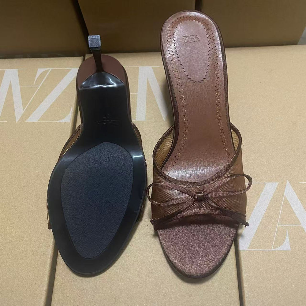 Za2025 summer new bowknot mesh brown peep-toe high heel sandals - everyday wear & outdoor sandals for women