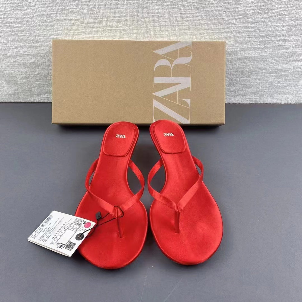 Za women's shoes new 2024 spring/summer round toe high heels red thong sandals mid-heel slingback cat heel fashion sandals