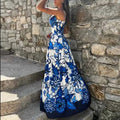 summer new arrivals: women's clothing - cross-border european & american style - vintage print v-neck cami dress with slit and a-line skirt