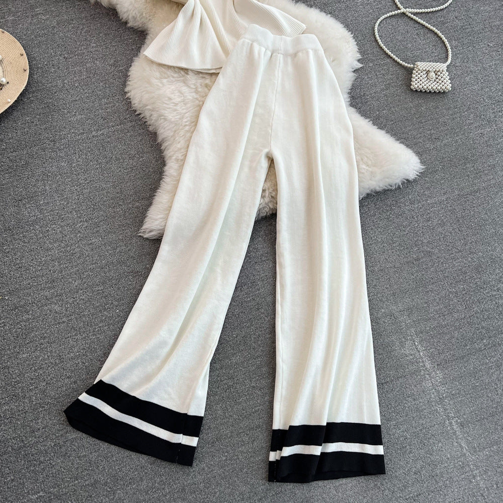 Fashionsuitfemalek-style sleevelesssilmknittingtopstwo-piece setcasualhigh waistslimming lookstraight-legloose pants