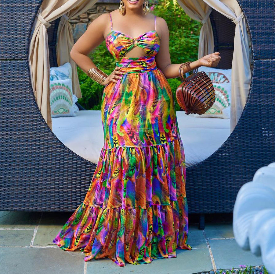 D3174 new cross-border e-commerce european and american style sexy camisole dress - printed sleeveless backless maxi dress