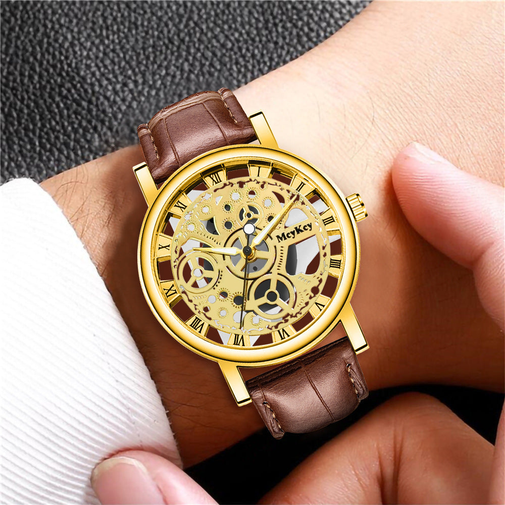 New men's watch - transparent case, skeleton design, simulated mechanical movement - men's leather strap quartz wristwatch - in stock, wholesale available