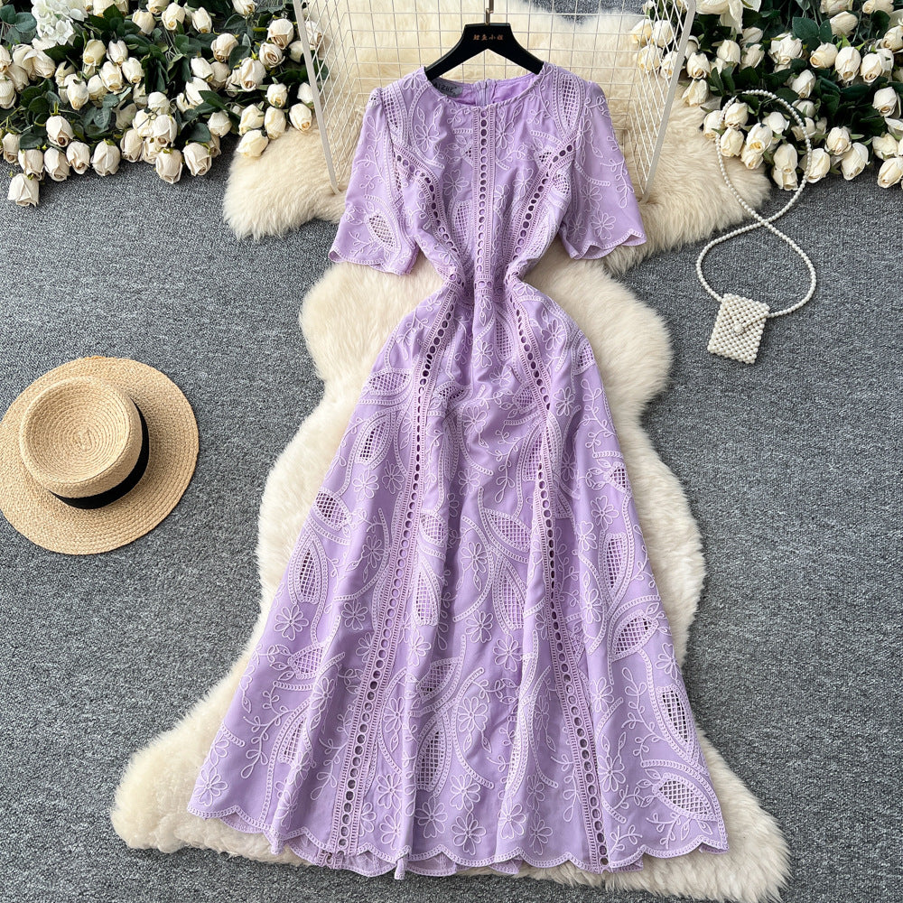 Frenchretrocut outembroiderwaist short sleevedress women's summerslimming lookelegantfashionelegancelong dress