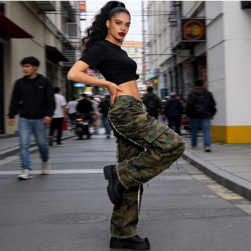 European and american style camouflage jeans -  cross-border women's fashion, unique pocket design, pleated, distressed hem, casual pants