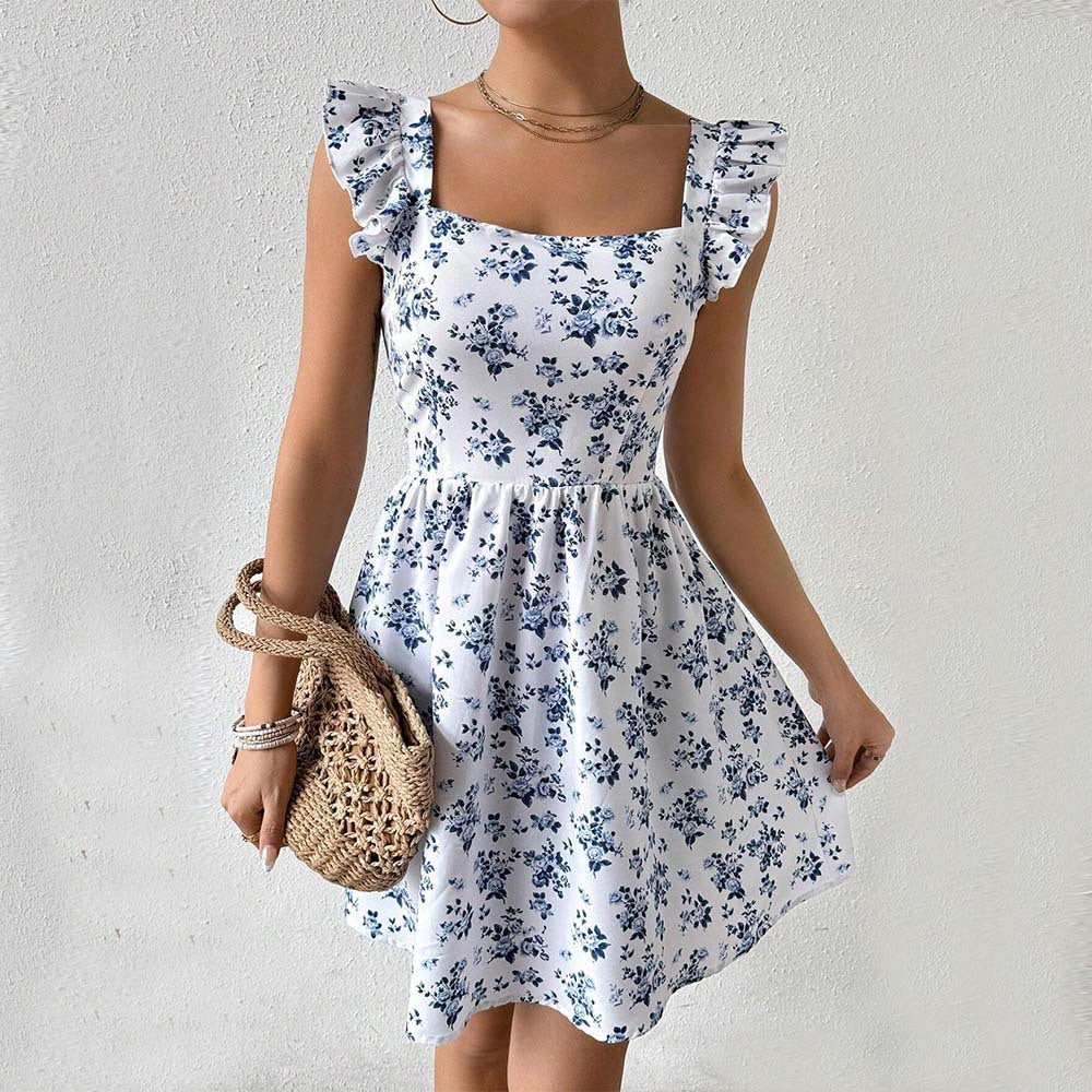 Amazon  european and american cross-border spring/summer sweet & slim-fit design: open back, tie-up, flutter sleeve, floral print dress