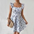 Amazon  european and american cross-border spring/summer sweet & slim-fit design: open back, tie-up, flutter sleeve, floral print dress