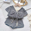 Korean girls' summer  new fashion striped set: kids' bowknot short-sleeve t-shirt + shorts