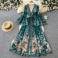 Vintage print v-neck slim-fit dress - women's summer long sleeve tie-waist korean style a-line dress - elegant and chic maxi dress