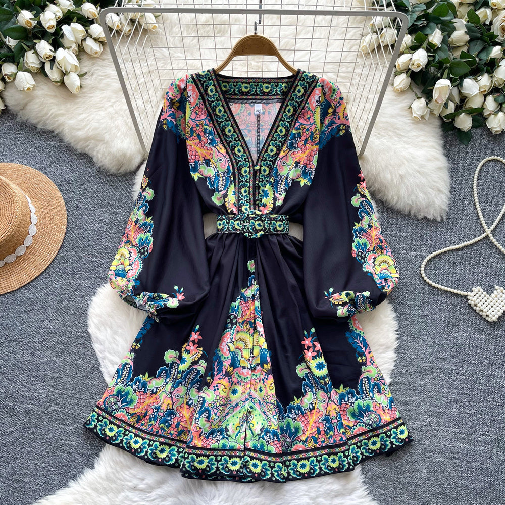 Vintage print v-neck long sleeve bodycon dress - women's summer tie-waist slimming a-line dress - office & casual wear