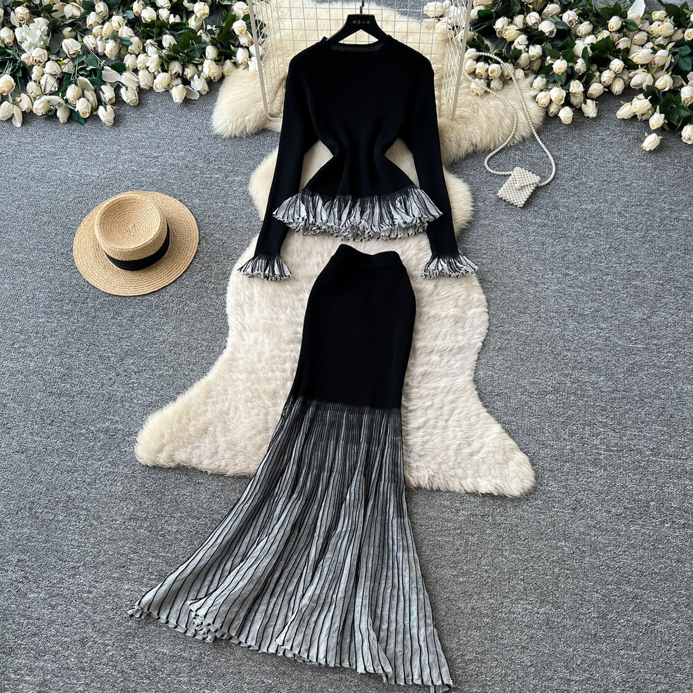 Lightly mature eleganceknittingrufflestops hip skirt two-piece set female autum silmwork clothingelegantsuit