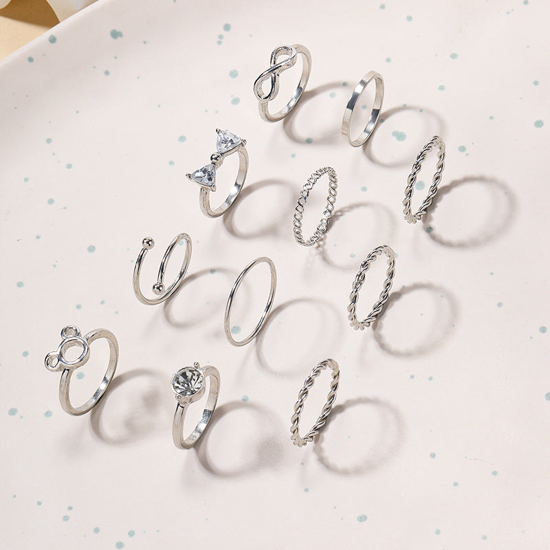Wholesale bowknot rings: european and american cross-border accessories, women's ins-style niche high-end diamond 10-piece silver jewelry set