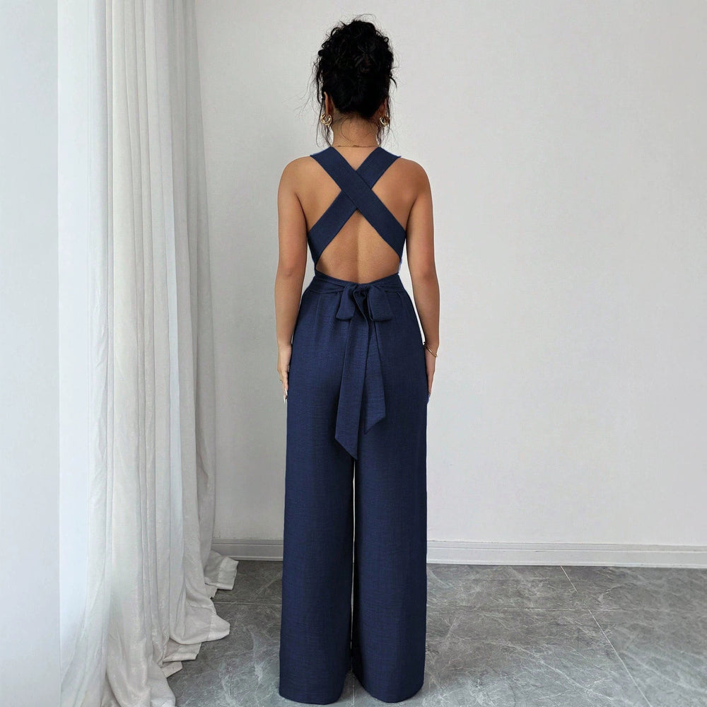 women's halterv neckbackless jumpsuit waist tie backloose pantswork clothingcasualslimming look jumpsuit